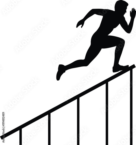Black silhouette of a man running up a staircase representing success and personal growth isolated on a white background.