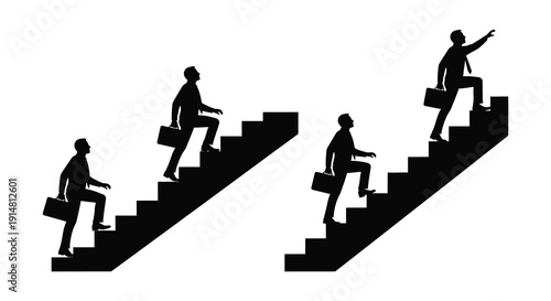 Four business people climbing stairs with briefcases representing ambition and progress on transparent background silhouette high quality professional detailed modern elegant