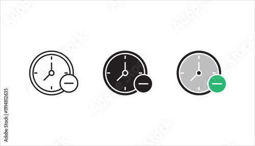 Outline clock icon with minus symbol representing time reduction, limited time, deadline adjustment, schedule decrease, or cancellation concept. Minimal black vector isolated on white background.