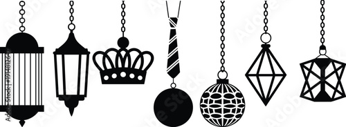 Set of black silhouettes featuring decorative hanging ornaments including lanterns, a crown, disco ball, and 