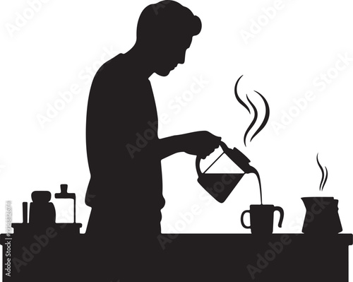 Person pouring coffee from a kettle into a mug on a kitchen counter