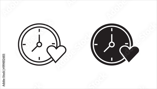 Outline clock icon with heart symbol representing love time, relationship priority, work life balance, care schedule, or romantic reminder concept. Minimal black vector isolated on white background.