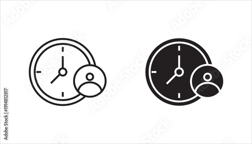 Minimalist line icon of a clock combined with a user profile symbol. Concept of time management, user schedule, appointment planning, deadline reminder, and personal productivity. Simple outline vecto