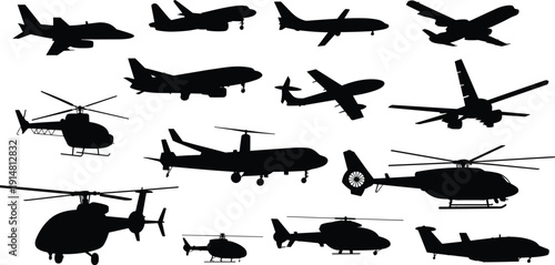 Set of black silhouettes featuring various aircraft including commercial airplanes, military jets, and helicopters isolated on white for aviation design.