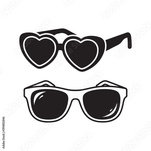 Silhouette of two pairs of stylish sunglasses with heart shaped and classic frames
