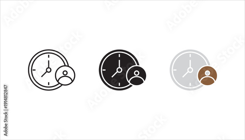 Minimalist line icon of a clock combined with a user profile symbol. Concept of time management, user schedule, appointment planning, deadline reminder, and personal productivity. Simple outline vecto