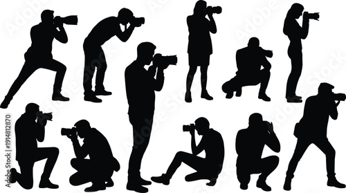 Set of black silhouettes of professional photographers taking photos in various poses isolated on white background for media and creative design.