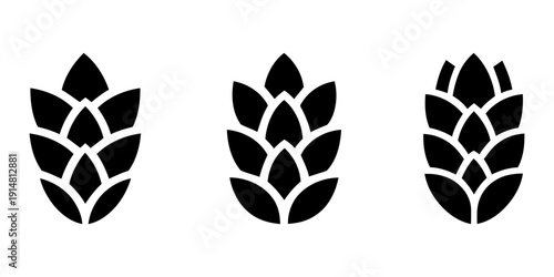 Black hop flower silhouette icons for craft beer design. set of leaves