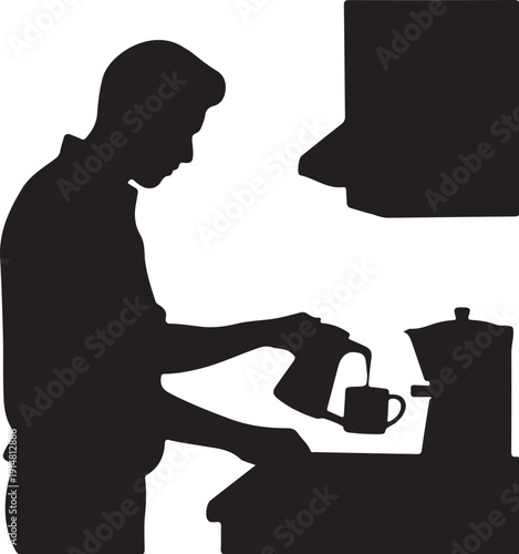 Person pouring coffee from a pot into a cup silhouette