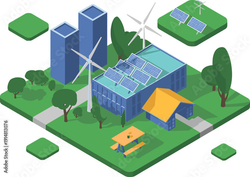 Isometric eco smart city with solar powered building wind turbines green park and sustainable renewable energy urban illustration'
