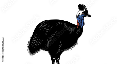 Large black cassowary with blue neck and red wattle standing isolated on white background