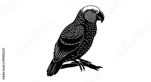 Black parrot bird sitting on branch illustration white background detailed feathers sharp beak realistic drawing