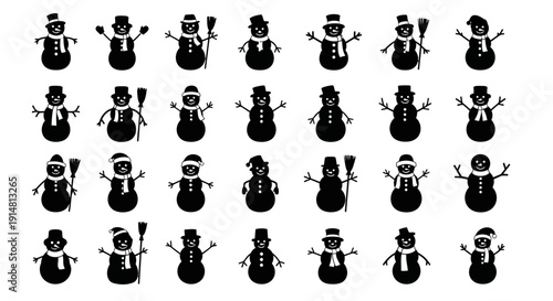 Collection of diverse snowmen in various poses and hats on white background for winter designs
