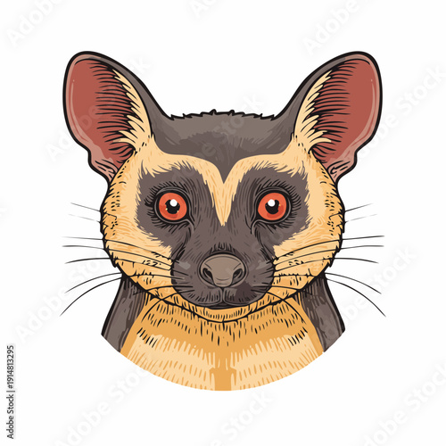 Illustration of a civet's face with striking red eyes and detailed fur texture from a front viewpoint