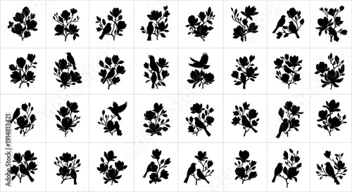Collection of black floral and bird silhouettes on white background decorative sticker set