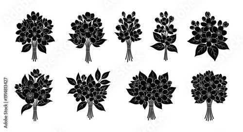 Eight black floral arrangements on white background for decoration or design