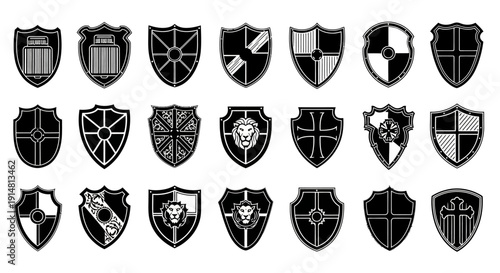 Collection of 20 unique black and white shield icons with various designs and patterns on white background for logo or symbol use