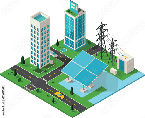 Isometric renewable energy city scene with solar power station modern skyscrapers smart grid and sustainable urban infrastructure illustration