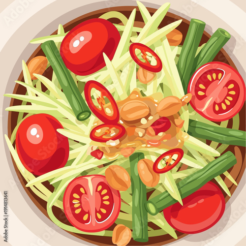 Vibrant and Authentic Thai Green Papaya Salad Illustration - Delicious Southeast Asian Som Tum Dish