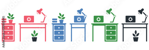 home office desk workspace icon set with laptop lamp plant drawers business illustration, ranked titles concept, hierarchy productivity symbols, premium workplace levels for modern remote and corporat