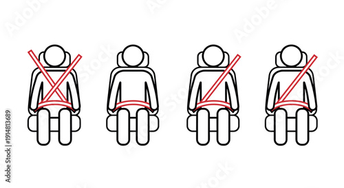 An illustration showing incorrect ways to wear a seatbelt while seated in a vehicle