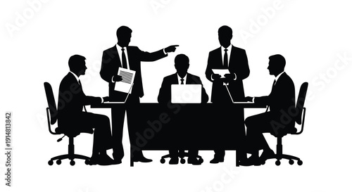 A group of business professionals in a meeting depicted in a striking black silhouette on transparent background high quality professional detailed