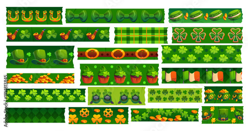 St Patrick's day green washi tape adhesive pieces. Irish holiday washi adhesive tape, St Patrick day scrapbook sticker with coins, leprechaun hat, clovers and flag, cupcake, bow tie and smoking pipe