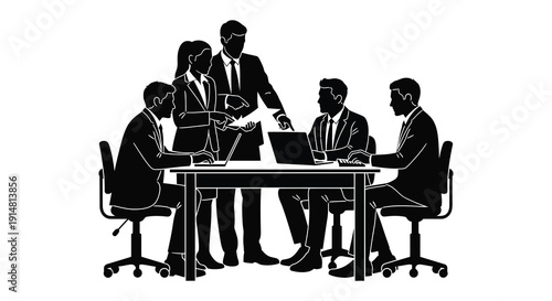 A group of business professionals collaborating around a table in a stark silhouette on transparent background high quality professional detailed modern