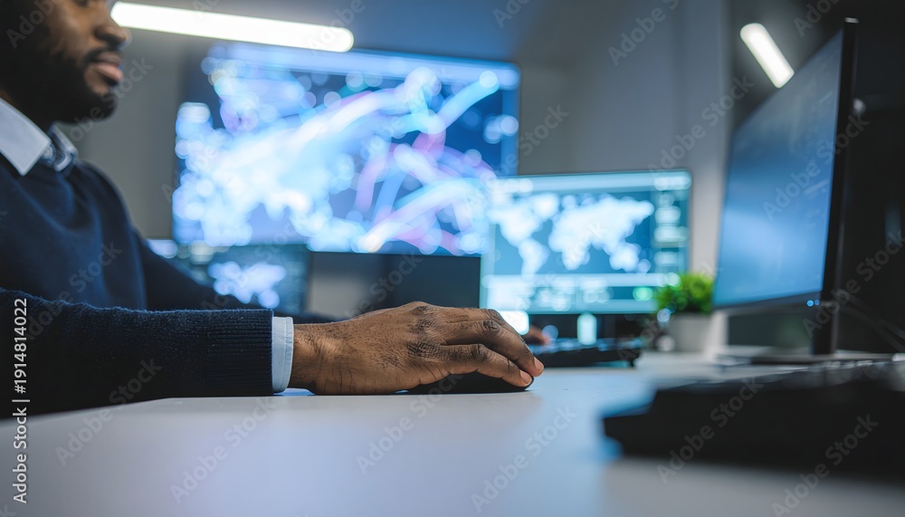 Fototapeta premium Cybersecurity professional analyzing complex data on multiple computer screens in a dimly lit control room