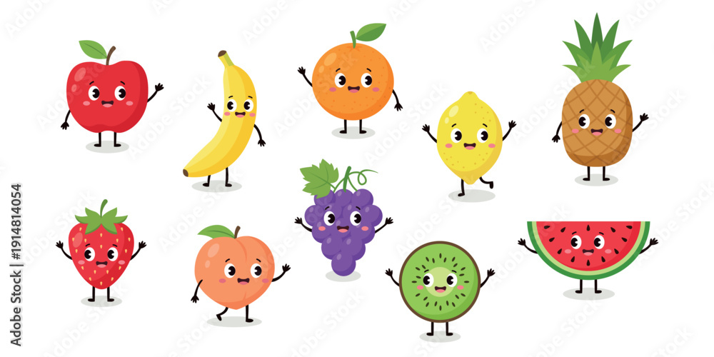 Fototapeta premium Cute cartoon fruit characters set with funny faces for kids education