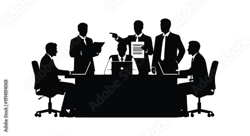 A group of business professionals in a meeting discussing documents around a table on transparent background silhouette high quality professional detailed