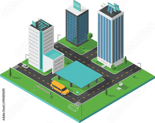 Isometric smart city block with solar canopy modern skyscrapers clean transport roads and sustainable urban infrastructure illustration