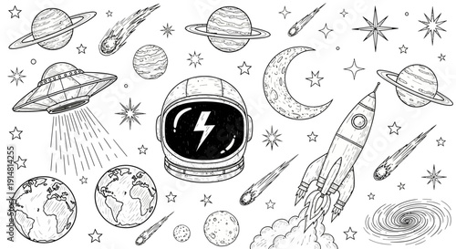 The spaceship lands on Earth as an astronaut watches rockets and planets in space.