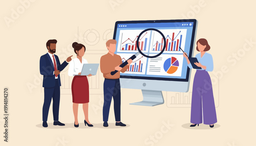Business people analyze data on computer screen with magnifying glass in office