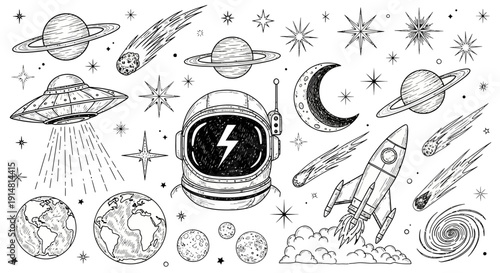 Astronaut explores galaxy with spacecrafts planets and stars in space