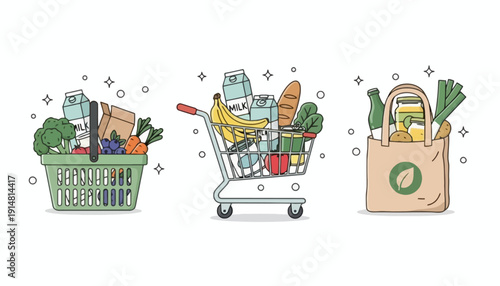 Shopping cart and bags filled with fresh groceries and vegetables on white