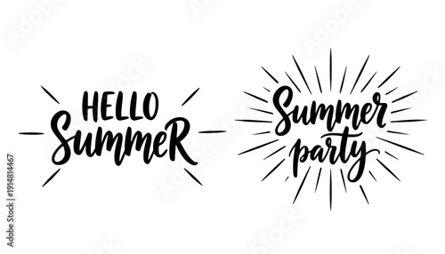 Summer party invitation graphics with hello text and sunburst