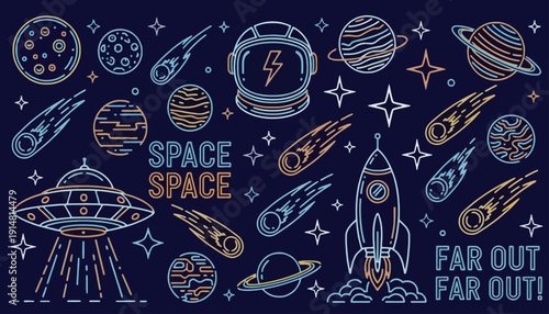 Space scene with various celestial objects and spacecraft flying far out