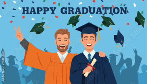 Graduates Celebrate with Confetti and Diplomas in Hand Outdoors