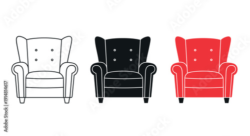 Armchair furniture icon set with classic upholstered chair in white black and red flat vector illustration