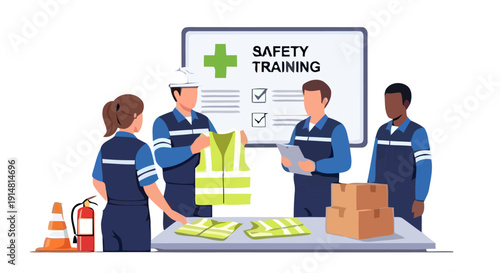 Workers receive safety training with vests on a table indoors