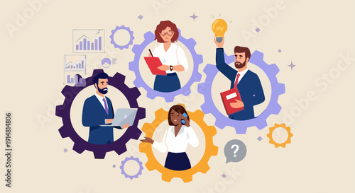 Professionals collaborating with gears, charts, and lightbulb, showcasing teamwork and innovation in a business environment from an overhead viewpoint