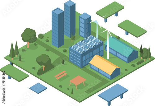 Isometric sustainable smart city with solar powered buildings wind turbines green park and eco friendly urban energy landscape illustration