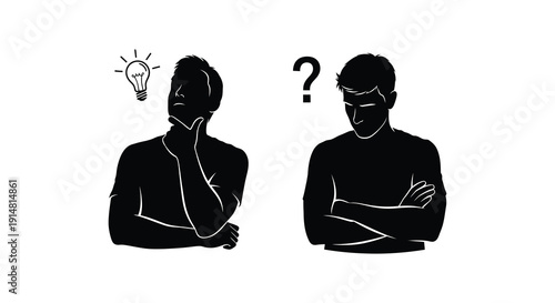 Two male heads in profile one thinking with a lightbulb the other questioning on transparent background silhouette high quality professional detailed
