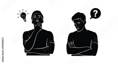 Two men contemplating ideas one with a lightbulb and question mark rendered as a striking silhouette on transparent background high quality