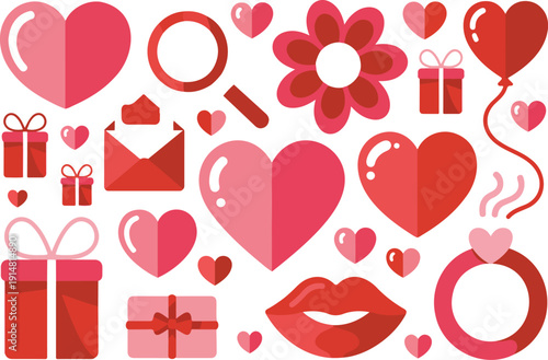 Collection of romantic love symbols hearts gifts and lips for valentines day celebration