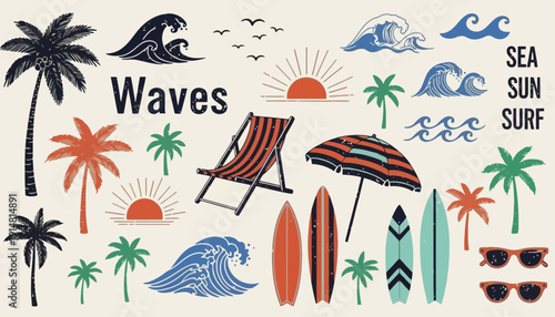 A beach scene with palm trees, sun, surfboards, waves, and sunglasses on a sunny day at the sea.