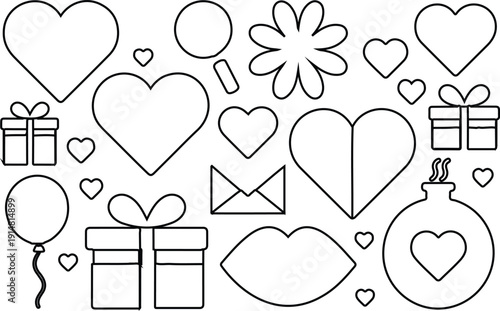 Collection of romantic love symbols hearts gifts and lips for valentines day celebration