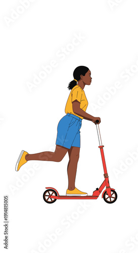 Vector illustration of a young Black woman riding a red kick scooter in casual summer clothes, active lifestyle concept isolated on white.