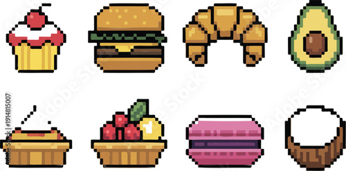 Pixel art food icons set of cupcake burger croissant avocado pie tart macarons coconut